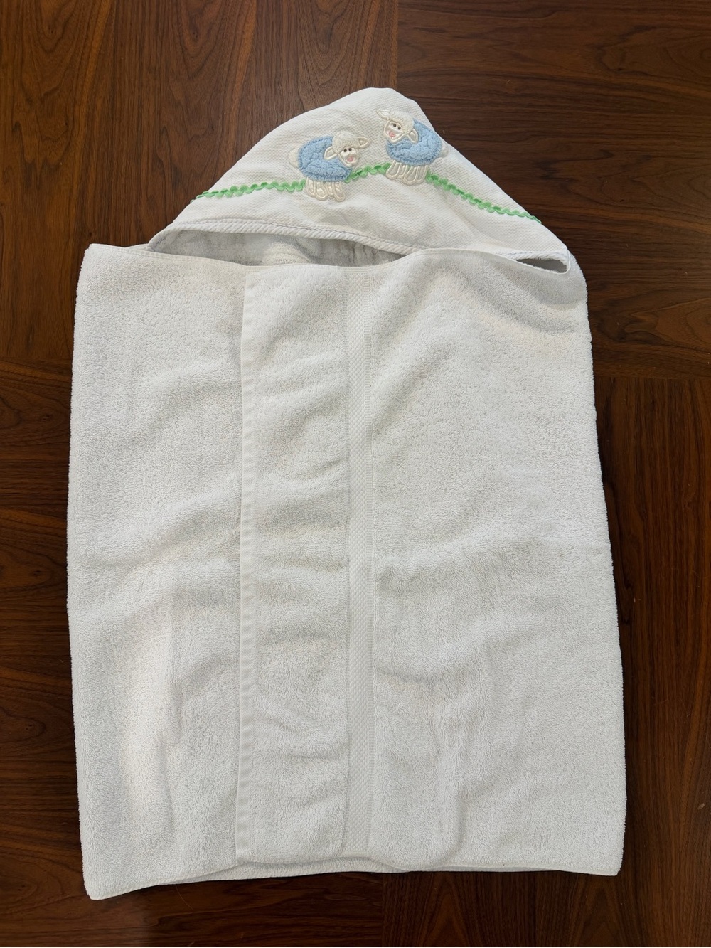 3Marthas Sheep Embroidered White Hooded Baby Bath Towel-Full Size